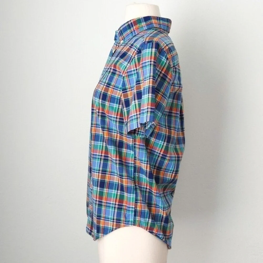 Ralph Lauren Blue Green Orange Plaid Short Sleeve Button Down Shirt- Child Boy M